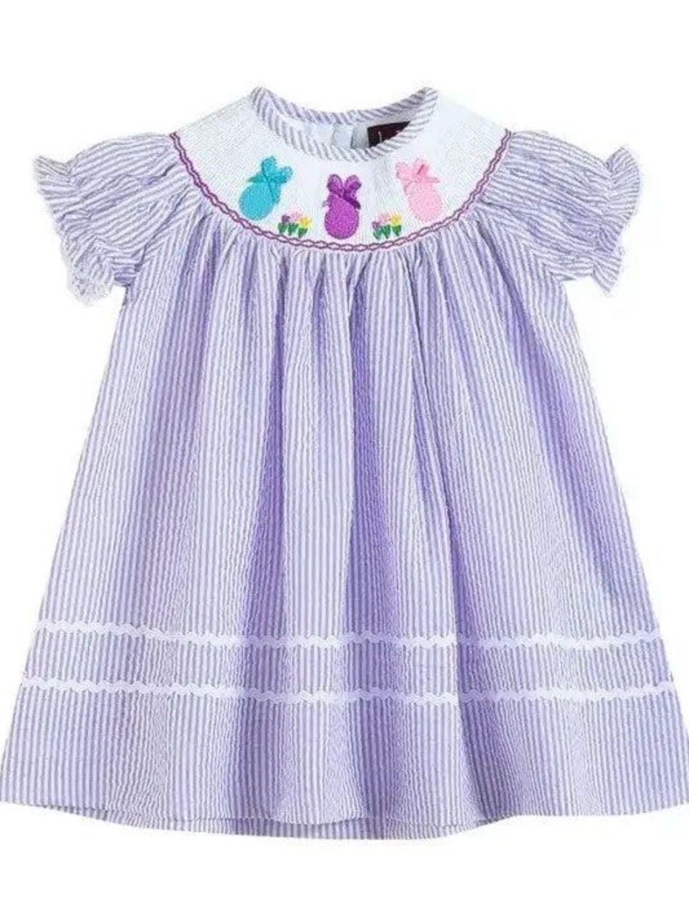 Purple Girls' Smock Dress with Bunny Embroidery